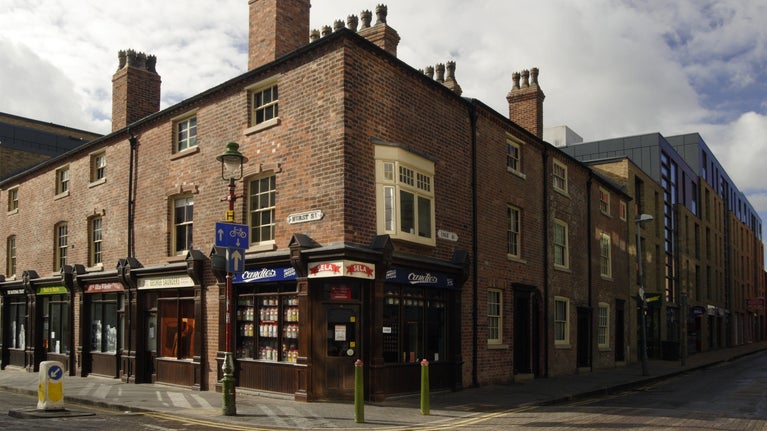 A view of 50-54 Inge Street and 55-63 Hurst Street, Birmingham Back to Backs